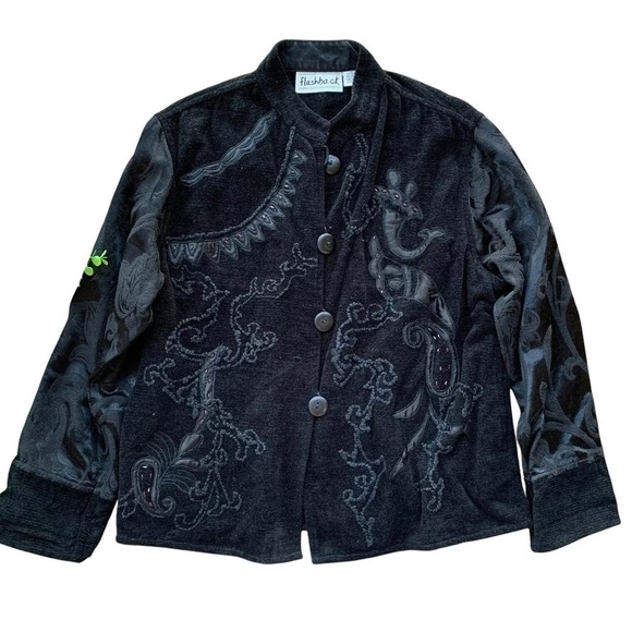 Flashback Tapestry Embroidered Beaded Buttoned Cotton Jacket Black Size Large - Picture 7 of 7